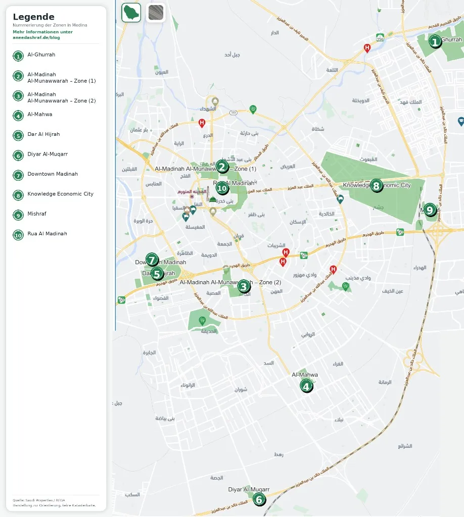 Medina – nummerierte Immobilienzonen mit Legende laut Saudi Properties und REGA