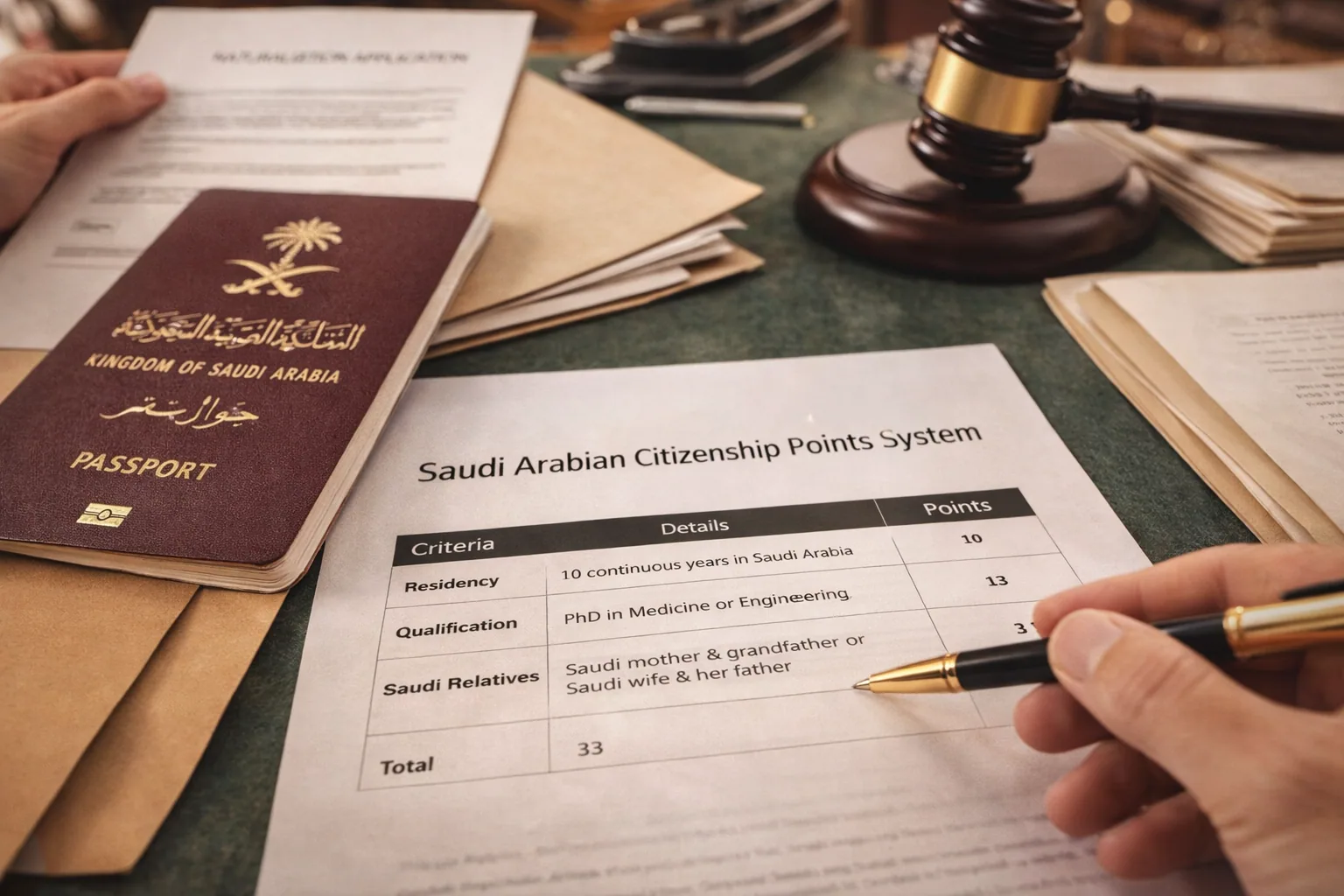 Overview of the Saudi naturalisation points system: 33 points maximum, 23-point threshold
