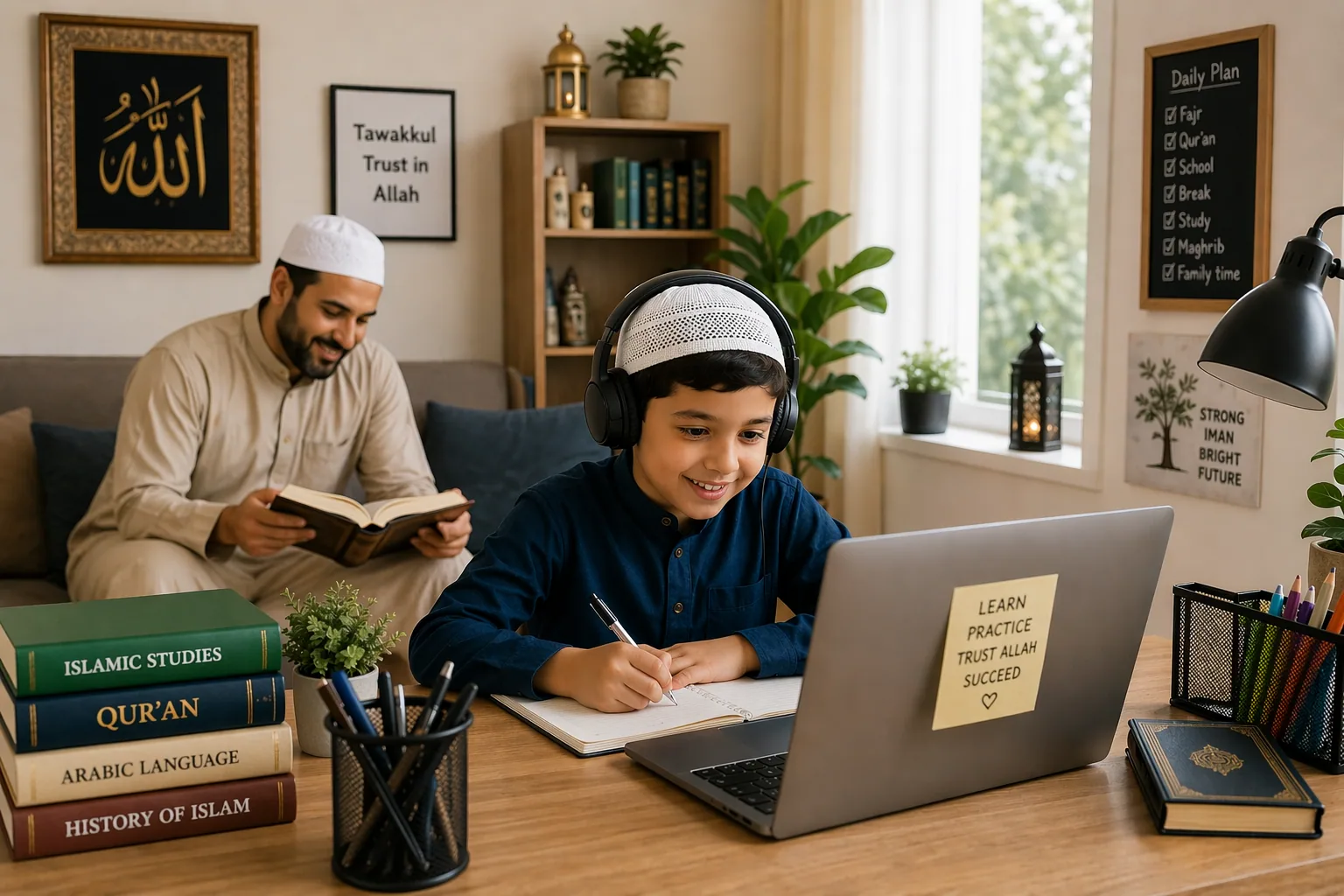 Muslim family, child at laptop, learning at home
