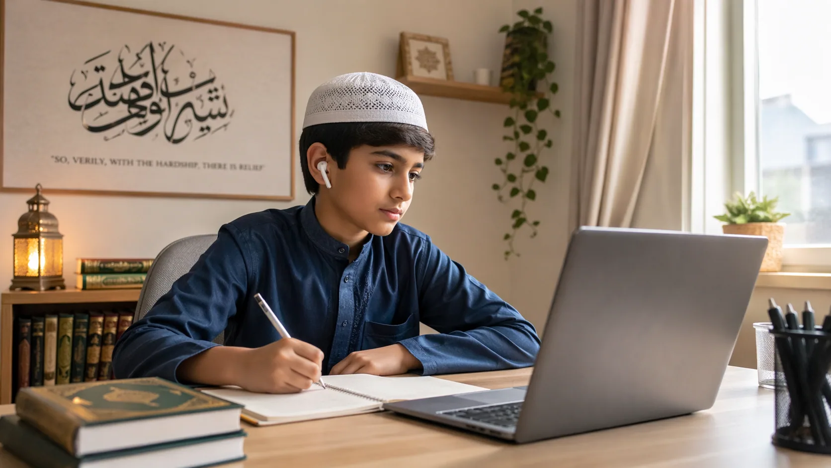 Child learning online in a calm, family setting